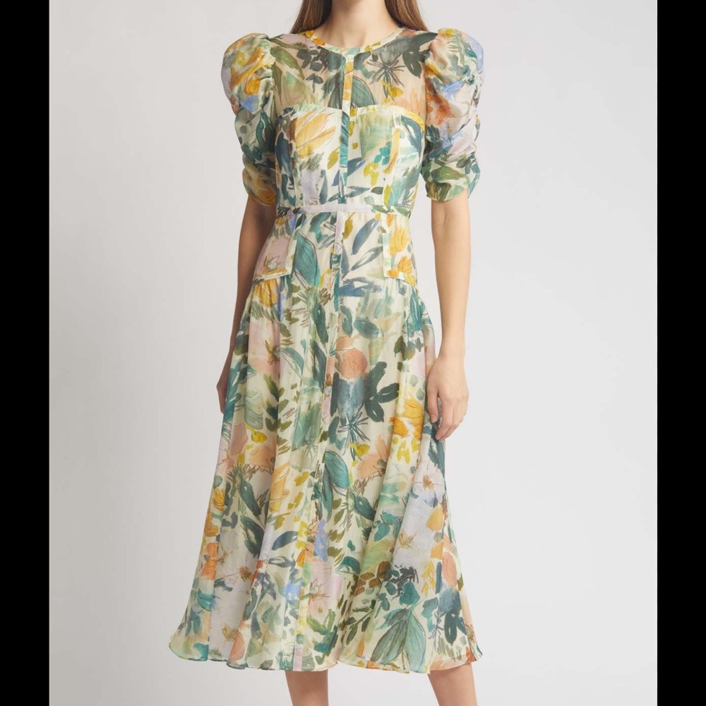 Ted Baker Minica Puff Sleeve Floral Midi Dress
